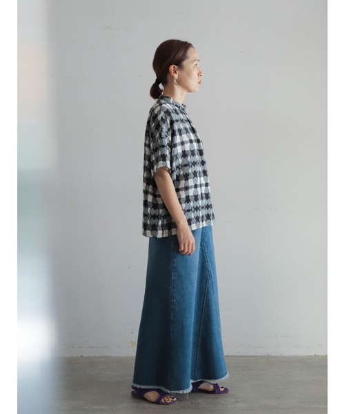 FIL DE FER（フィルデフェール）の「ブルーリーチェック　スタンドネックブラウス（シャツ/ブラウス・レディース・オレンジ/グレー・FREE）」の14枚目の写真