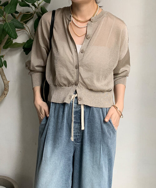 DouDou(ドゥドゥ)の「シアーラメカーディガン(カーディガン/ボレロ・レディース・ブラック/チャコールグレー/グレイッシュベージュ・FREE)」の3枚目の写真