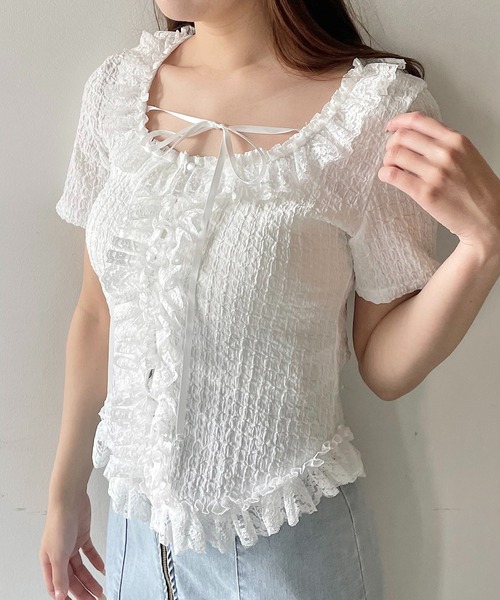 NOMAE（ノーマエ）の「レースフリルトップス（Tシャツ/カットソー・レディース・ライトブルー/ブラック/アイボリー/オフホワイト・FREE）」の2枚目の写真