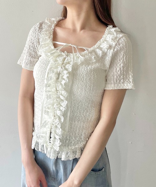 NOMAE（ノーマエ）の「レースフリルトップス（Tシャツ/カットソー・レディース・ライトブルー/ブラック/アイボリー/オフホワイト・FREE）」の3枚目の写真