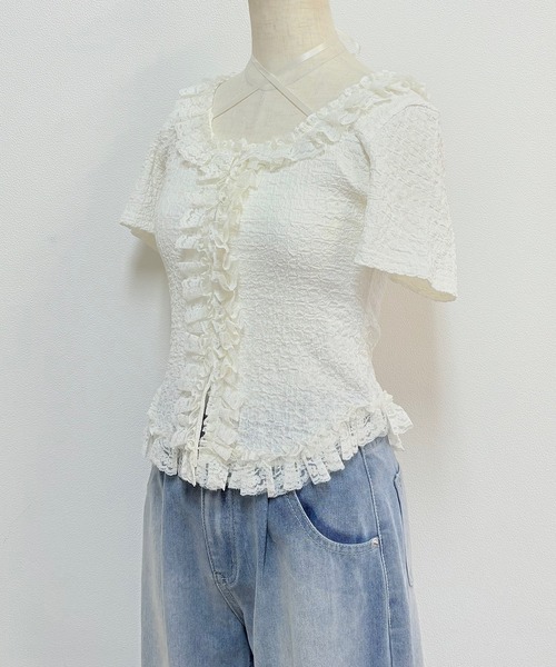NOMAE（ノーマエ）の「レースフリルトップス（Tシャツ/カットソー・レディース・ライトブルー/ブラック/アイボリー/オフホワイト・FREE）」の12枚目の写真