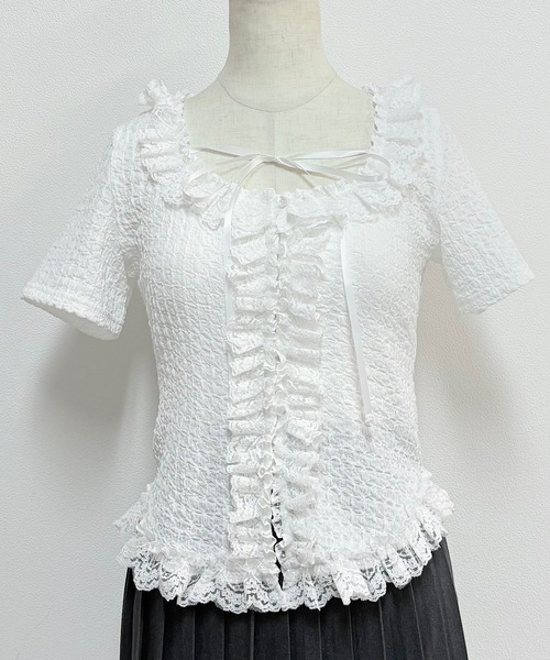 NOMAE（ノーマエ）の「レースフリルトップス（Tシャツ/カットソー・レディース・ライトブルー/ブラック/アイボリー/オフホワイト・FREE）」の5枚目の写真