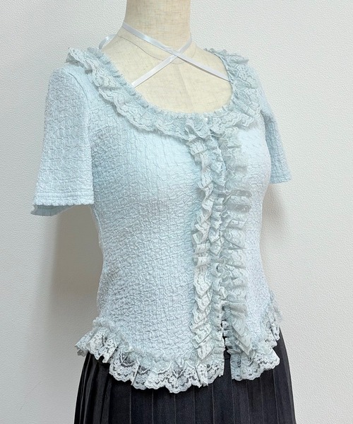 ネイビー レースフリル Tシャツ レース切替フラワー刺繍フリル袖Tシャツ(90~150cm)(90cm