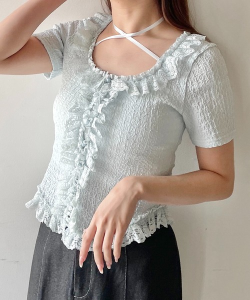 tシャツ レースフリルオフショルトップス レディース セール】レースフリルオフショルダー（Tシャツ/カットソー