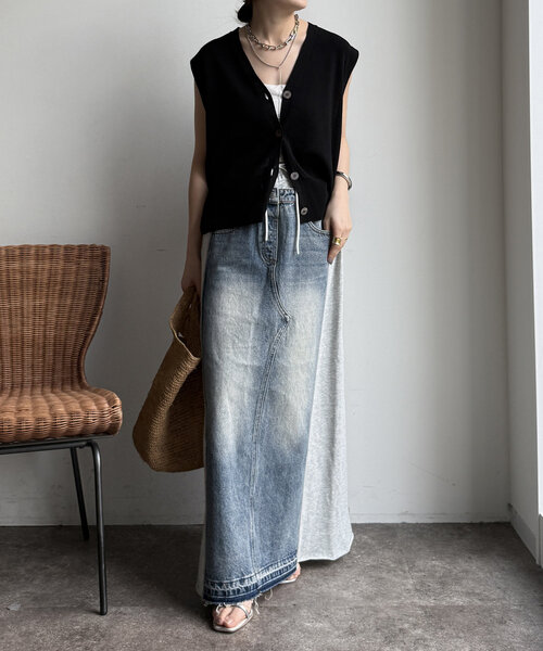 DouDou（ドゥドゥ）の「【WEB限定】スウェット切替デニムスカート（スカート・レディース・グレー・FREE）」の2枚目の写真