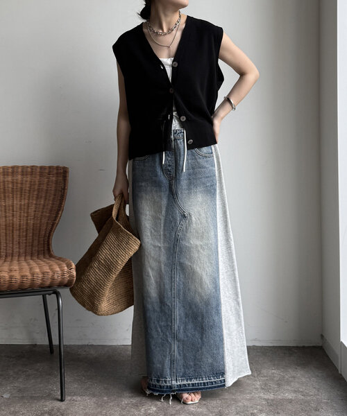 DouDou（ドゥドゥ）の「【WEB限定】スウェット切替デニムスカート（スカート・レディース・グレー・FREE）」の3枚目の写真