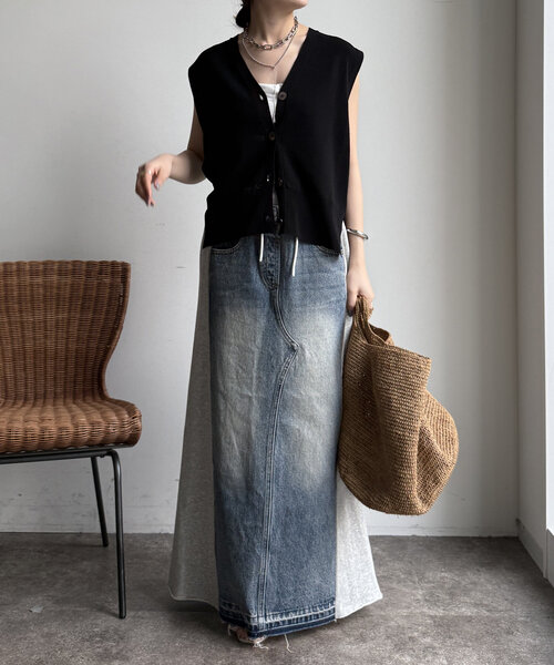 DouDou（ドゥドゥ）の「【WEB限定】スウェット切替デニムスカート（スカート・レディース・グレー・FREE）」の4枚目の写真