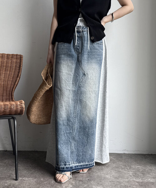 DouDou（ドゥドゥ）の「【WEB限定】スウェット切替デニムスカート（スカート・レディース・グレー・FREE）」の7枚目の写真