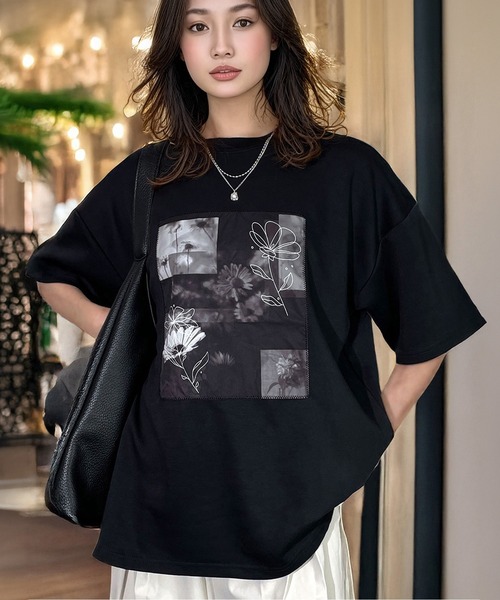 Candlestick(キャンドルスティック)の「肌ざわり美人 とろみ オーガンジープリント リラクシング ハーフスリーブ Tシャツ 韓国ファッション 接触冷感(Tシャツ/カットソー・レディース・ホワイト系1/ホワイト系2/ブラック系2/ベージュ系1/ブラック系1/ベージュ系2・M/L)」の4枚目の写真