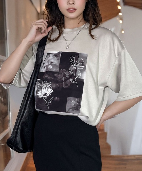 Candlestick(キャンドルスティック)の「肌ざわり美人 とろみ オーガンジープリント リラクシング ハーフスリーブ Tシャツ 韓国ファッション 接触冷感(Tシャツ/カットソー・レディース・ホワイト系1/ホワイト系2/ブラック系2/ベージュ系1/ブラック系1/ベージュ系2・M/L)」の5枚目の写真