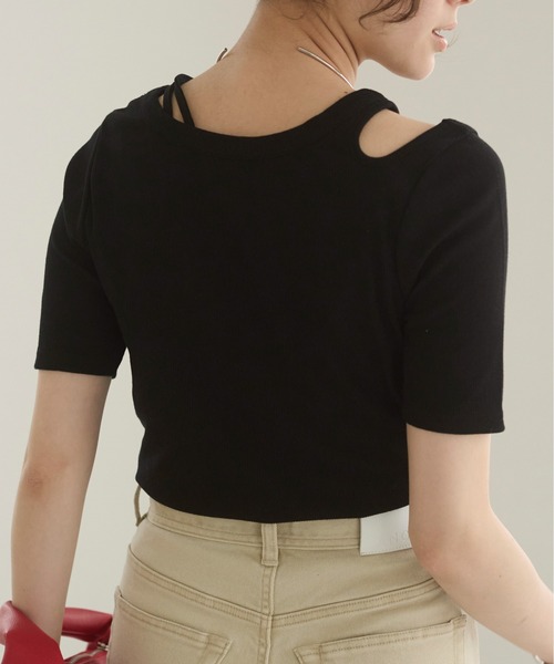 tシャツ アシンメトリーカットトップス レディース Re:EDIT tシャツ リブカットソーアシンメトリーオフショル