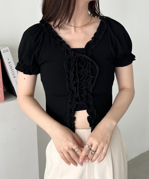 CLEA(クレア)の「レースアップフロントリボントップス(Tシャツ/カットソー・レディース・ホワイト/ブラック/グレー・FREE)」の10枚目の写真