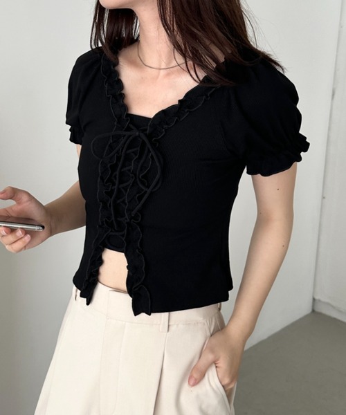CLEA(クレア)の「レースアップフロントリボントップス(Tシャツ/カットソー・レディース・ホワイト/ブラック/グレー・FREE)」の11枚目の写真