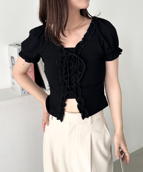 CLEA(クレア)の「レースアップフロントリボントップス(Tシャツ/カットソー・レディース・ホワイト/ブラック/グレー・FREE)」の12枚目の写真