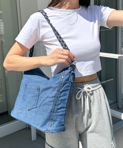 セール】【A4収納可能】スタッズデニムトートバッグ（ショルダー