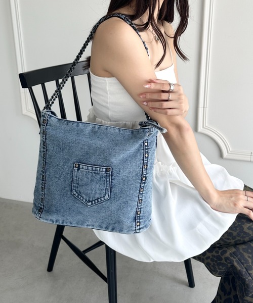 セール】【A4収納可能】スタッズデニムトートバッグ（ショルダー