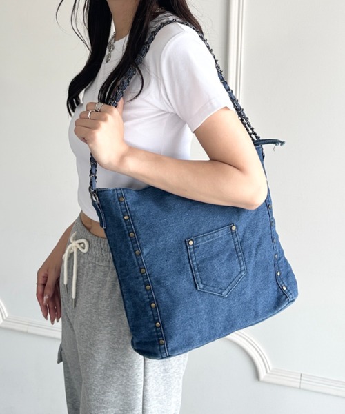 セール】【A4収納可能】スタッズデニムトートバッグ（ショルダーバッグ