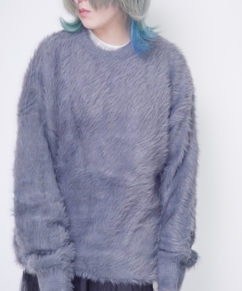 Bling Leads（ブリングリーズ）の「Z)【BLINGLEADS】ST-T-66 シャギーニットC/R（ニット/セーター・メンズ・グレー/ブラック・LARGE/MEDIUM）」の2枚目の写真