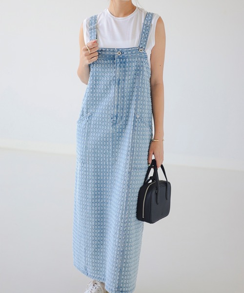 B:MING by BEAMS（ビーミングバイビームス）の「ジャカード デニム カーゴ ワンピース（S～M）（ジャンパースカート・レディース・ライトブルー/ブラック・SMALL/MEDIUM）」の6枚目の写真