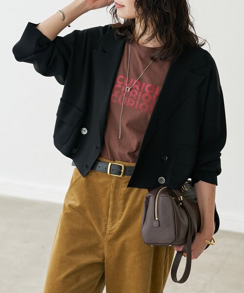 RIVE DROITE（リヴドロワ）の「【季節の変わり目に/接触冷感】ショートニットジャケット（テーラードジャケット・レディース・ブラック/ブラウン・FREE）」の2枚目の写真