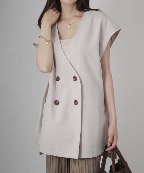 Social GIRL（ソーシャルガール）の「フレンチスリーブジャケット（ノーカラージャケット・レディース・アイボリー/ブラック/モカ・M）」の2枚目の写真