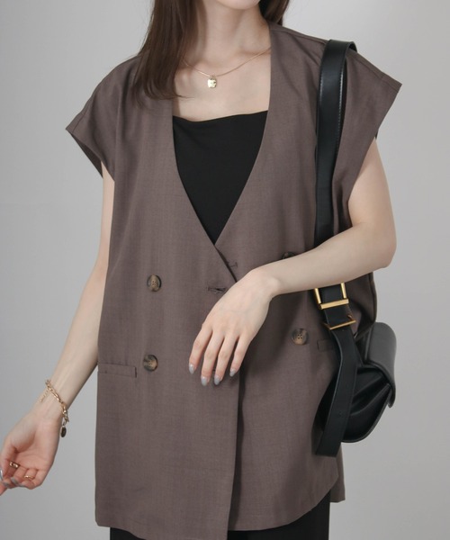 Social GIRL（ソーシャルガール）の「フレンチスリーブジャケット（ノーカラージャケット・レディース・アイボリー/ブラック/モカ・M）」の7枚目の写真