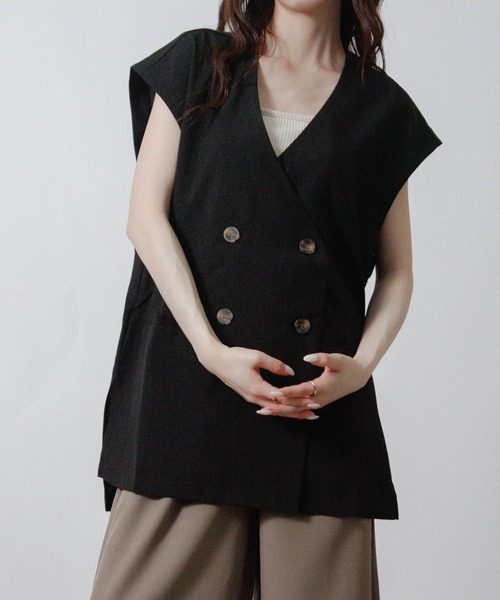 Social GIRL(ソーシャルガール)の「フレンチスリーブジャケット ダブルジャケット 半袖(ノーカラージャケット・レディース・アイボリー/ブラック/モカ・M)」の9枚目の写真