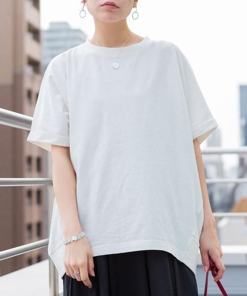 RCD(アールシーディー)の「ゆったりロールアップカットソー(Tシャツ/カットソー・レディース・杢グレー/カーキ/ブラック/オフホワイト・LL~3L/M-L)」の2枚目の写真