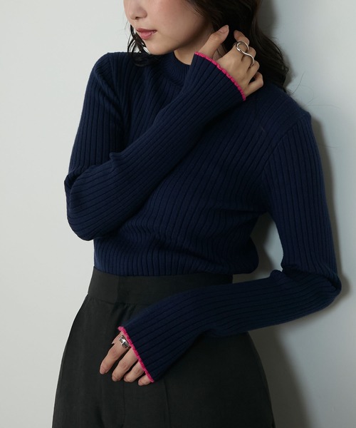 【forksy.】配色 ボトルハイネックリブニットプルオーバー〈吸湿発熱〉