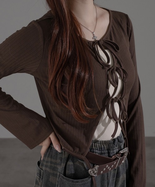 apres jour mignon（アプレジュールミニョン）の「フロントリボントップス【ZOZOTOWN限定アイテム】（Tシャツ/カットソー・レディース・ブラウン系その他/グレー/ネイビー・フリー/X-LARGE）」の2枚目の写真