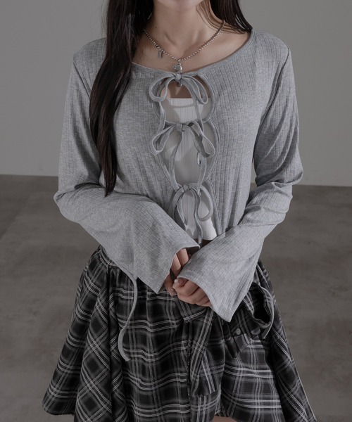apres jour mignon（アプレジュールミニョン）の「フロントリボントップス【ZOZOTOWN限定アイテム】（Tシャツ/カットソー・レディース・ブラウン系その他/グレー/ネイビー・フリー/X-LARGE）」の7枚目の写真