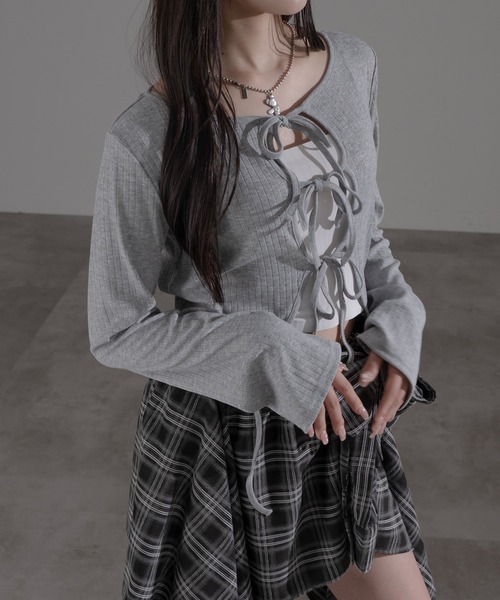 apres jour mignon（アプレジュールミニョン）の「フロントリボントップス【ZOZOTOWN限定アイテム】（Tシャツ/カットソー・レディース・ブラウン系その他/グレー/ネイビー・フリー/X-LARGE）」の9枚目の写真