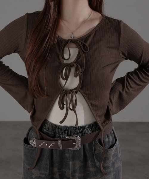 apres jour mignon（アプレジュールミニョン）の「フロントリボントップス【ZOZOTOWN限定アイテム】（Tシャツ/カットソー・レディース・ブラウン系その他/グレー/ネイビー・フリー/X-LARGE）」の12枚目の写真