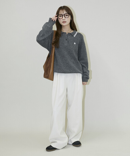 PUBLUX（パブリュクス）の「MARY QUANT × PUBLUX/マリークワント 襟ライン ワンポイント刺繍 ニット ポロシャツ　限定展開（ニット/セーター・レディース・サックスブルー/チャコールグレー/ベージュ/ピンク・ﾌﾘ-）」の19枚目の写真