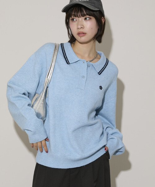 PUBLUX マリークワント 襟ライン ワンポイント刺繍 ニット ポロシャツ セール】MARY QUANT × PUBLUX/マリークワント 襟ライン ワンポイント