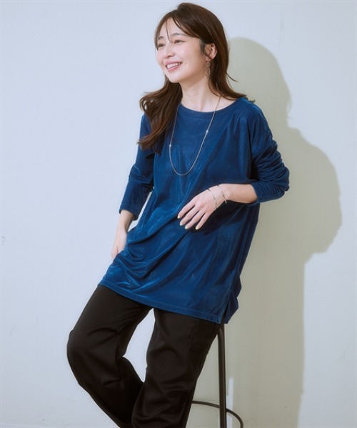 nissen（ニッセン）の「シアーベロアオーバーサイズトップス＜大きいサイズ有＞（Tシャツ/カットソー・レディース・モカ/チャコールグレー/ブルー/アイボリー/ブラック・S/M/L/LL）」の19枚目の写真