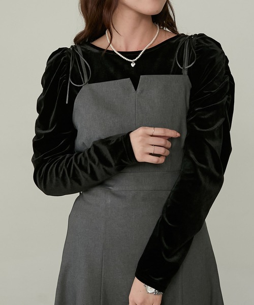 Cherir Mignon(シェリルミニョン)の「【Cherir Mignon】マルチウェイギャザーショルダーベロアプルオーバー(Tシャツ/カットソー・レディース・ミント/ブラウン/ピンク/ブラック・FREE)」の1枚目の写真