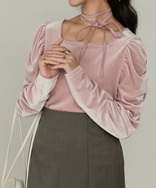 Cherir Mignon(シェリルミニョン)の「【Cherir Mignon】マルチウェイギャザーショルダーベロアプルオーバー(Tシャツ/カットソー・レディース・ミント/ブラウン/ピンク/ブラック・FREE)」の22枚目の写真