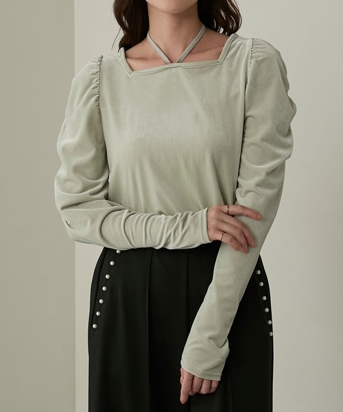 Cherir Mignon(シェリルミニョン)の「【Cherir Mignon】マルチウェイギャザーショルダーベロアプルオーバー(Tシャツ/カットソー・レディース・ミント/ブラウン/ピンク/ブラック・FREE)」の6枚目の写真