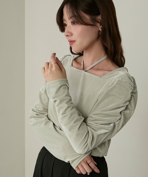 Cherir Mignon(シェリルミニョン)の「【Cherir Mignon】マルチウェイギャザーショルダーベロアプルオーバー(Tシャツ/カットソー・レディース・ミント/ブラウン/ピンク/ブラック・FREE)」の10枚目の写真