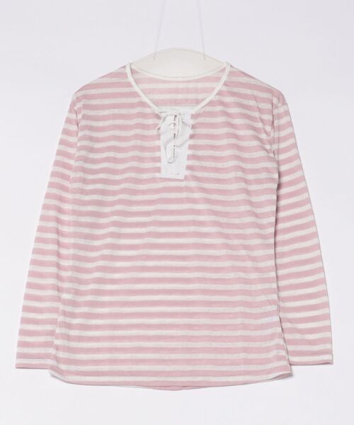 MAISON DE THERESE（メゾン ド テレーズ）の「ストライプ タイ付き オーバーサイズ ロングスリーブTシャツ（Tシャツ/カットソー・レディース・ブラック/ピンク・S）」の4枚目の写真