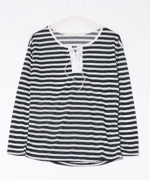 MAISON DE THERESE（メゾン ド テレーズ）の「ストライプ タイ付き オーバーサイズ ロングスリーブTシャツ（Tシャツ/カットソー・レディース・ブラック/ピンク・S）」の5枚目の写真