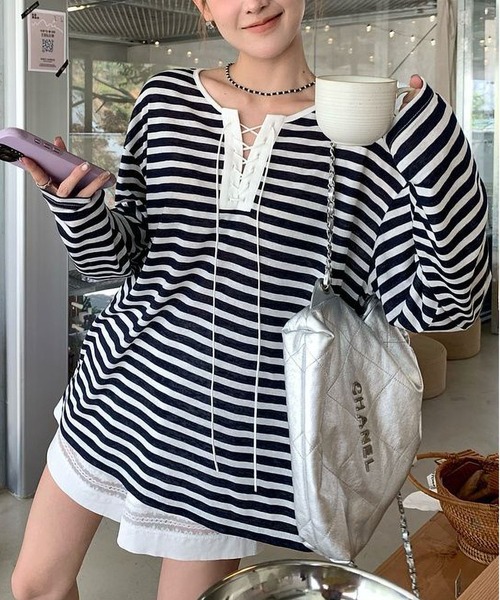 MAISON DE THERESE（メゾン ド テレーズ）の「ストライプ タイ付き オーバーサイズ ロングスリーブTシャツ（Tシャツ/カットソー・レディース・ブラック/ピンク・S）」の11枚目の写真