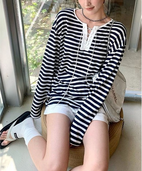 MAISON DE THERESE（メゾン ド テレーズ）の「ストライプ タイ付き オーバーサイズ ロングスリーブTシャツ（Tシャツ/カットソー・レディース・ブラック/ピンク・S）」の9枚目の写真