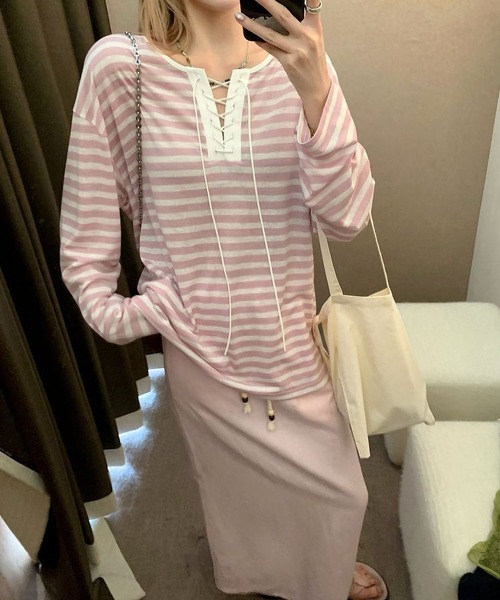 MAISON DE THERESE（メゾン ド テレーズ）の「ストライプ タイ付き オーバーサイズ ロングスリーブTシャツ（Tシャツ/カットソー・レディース・ブラック/ピンク・S）」の8枚目の写真