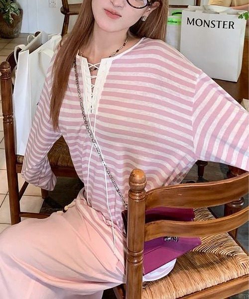 MAISON DE THERESE（メゾン ド テレーズ）の「ストライプ タイ付き オーバーサイズ ロングスリーブTシャツ（Tシャツ/カットソー・レディース・ブラック/ピンク・S）」の7枚目の写真