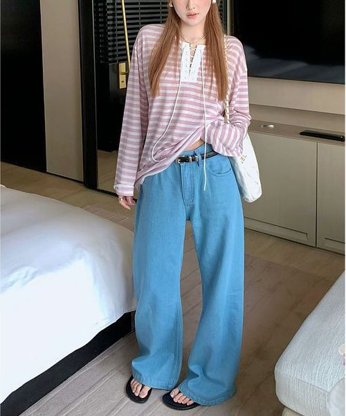 MAISON DE THERESE（メゾン ド テレーズ）の「ストライプ タイ付き オーバーサイズ ロングスリーブTシャツ（Tシャツ/カットソー・レディース・ブラック/ピンク・S）」の6枚目の写真