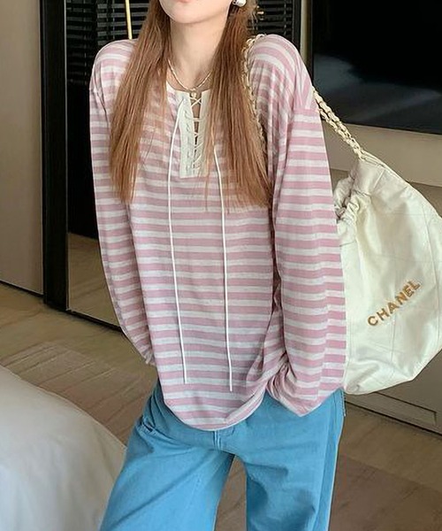 MAISON DE THERESE（メゾン ド テレーズ）の「ストライプ タイ付き オーバーサイズ ロングスリーブTシャツ（Tシャツ/カットソー・レディース・ブラック/ピンク・S）」の14枚目の写真