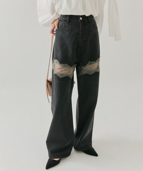 セール】【ウエスト調整可能！】レース切替デニム（デニムパンツ