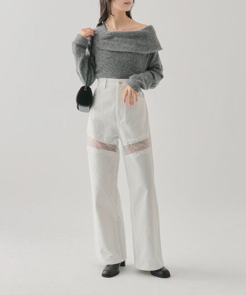 セール】【ウエスト調整可能！】レース切替デニム（デニムパンツ